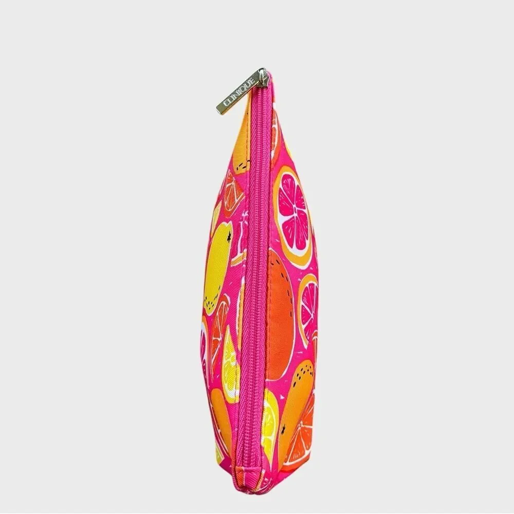 Clinique Citrus Print Cosmetic Bag Travel Makeup Pouch Pink Lined